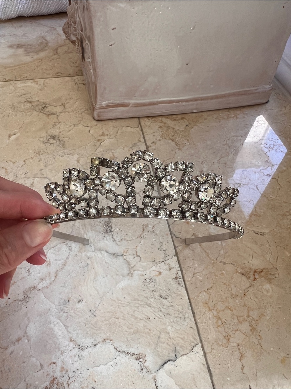 Vintage Rhinestone Crystal Tiara Headband Silver Tone